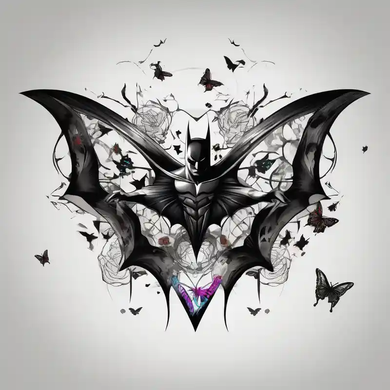 Small Batman symbol with 5 butterflies all around it for a forearm tattoo – Japonés, Colores vivos