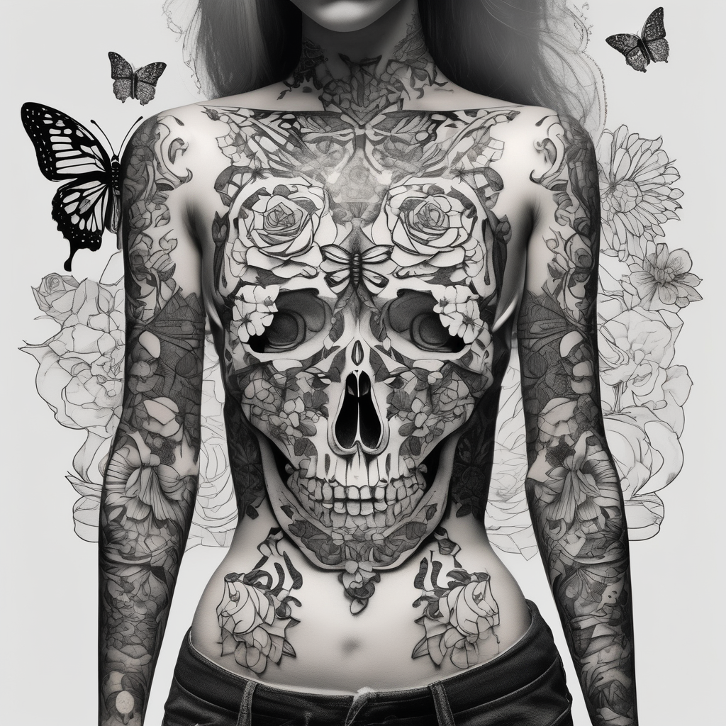 Sexy Skelton sleeve with butterflies and flowers, AI-generated Blackwork tattoo design