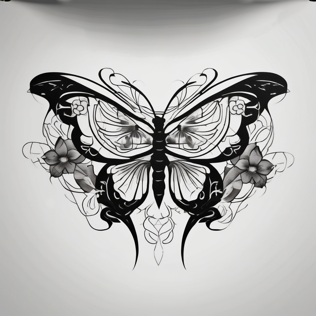 a simple, black minimalist chest tattoo with a butterfly in the centre and flowers elegantly behind it floating elegantly in horizontal position towards the shoulders, design de tatouage Japonais généré par IA