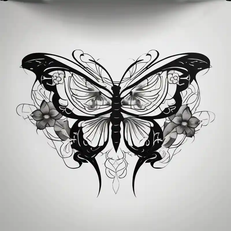 a simple, black minimalist chest tattoo with a butterfly in the centre and flowers elegantly behind it floating elegantly in – Japonais, Noir et blanc