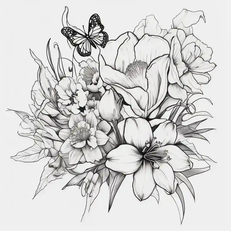 Small simple line-work full flower bouquet (show stems) with 1 daffodil, lily of the valley, 1 poppy, 1 peony, 1