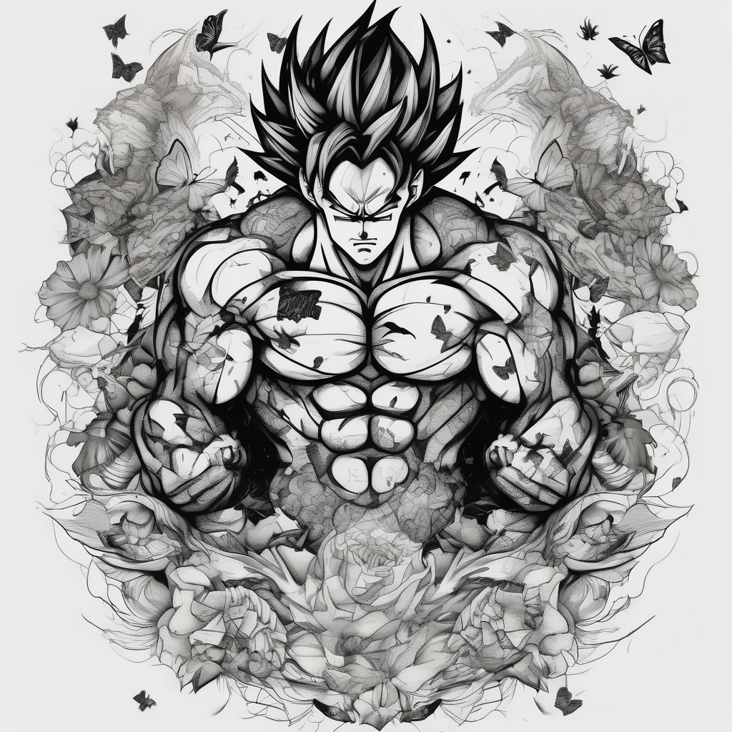 Goku and Batman with butterflies, diseño de tatuaje Blackwork generado con IA