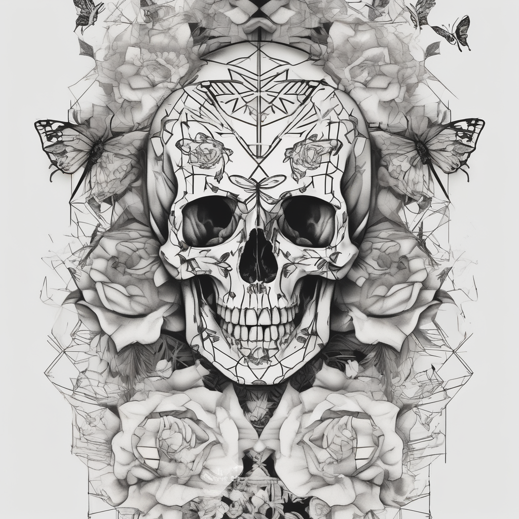 full body skeleton flowers and butterflies simple design minimal words "dry bones come alive", design de tatouage Géométrique généré par IA