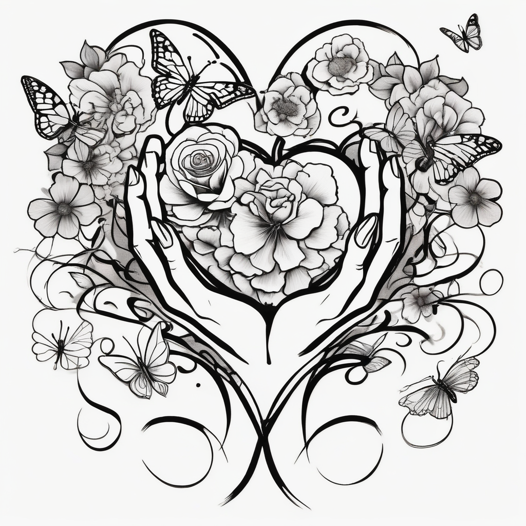 Out line of hands holding a heart with flowers sprouting from the top of the heart into her head and butterflies flying around the flowers, design de tatouage Japonais généré par IA