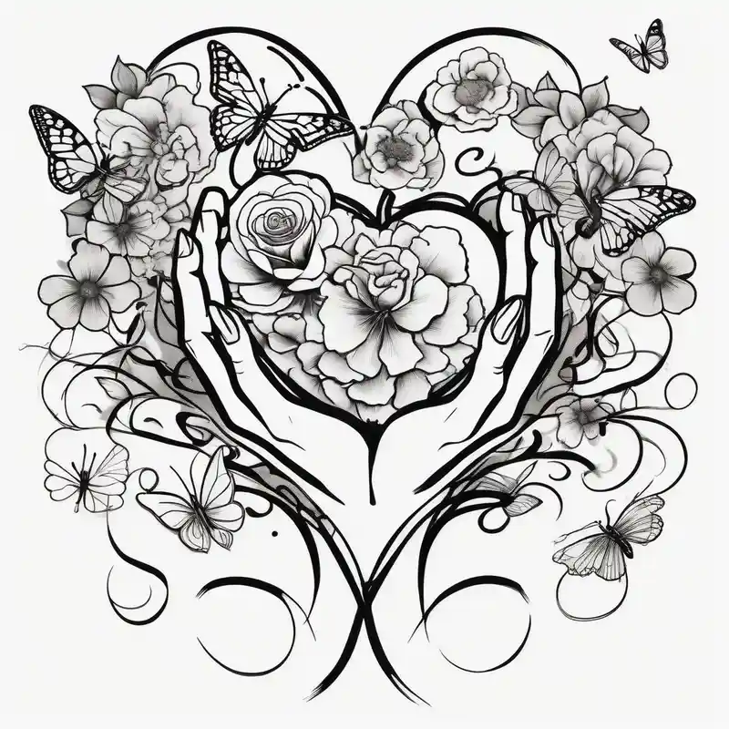Out line of hands holding a heart with flowers sprouting from the top of the heart into her head and butterflies flying – Japonais, Noir et blanc