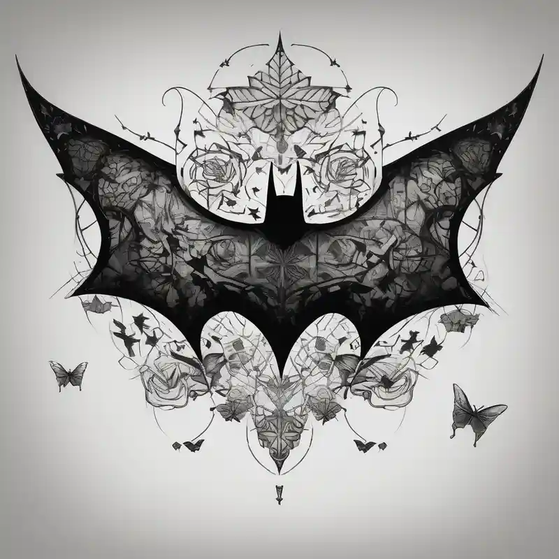 Small Batman symbol with butterflies all around it for a forearm tattoo – Blackwork, Blanco y negro