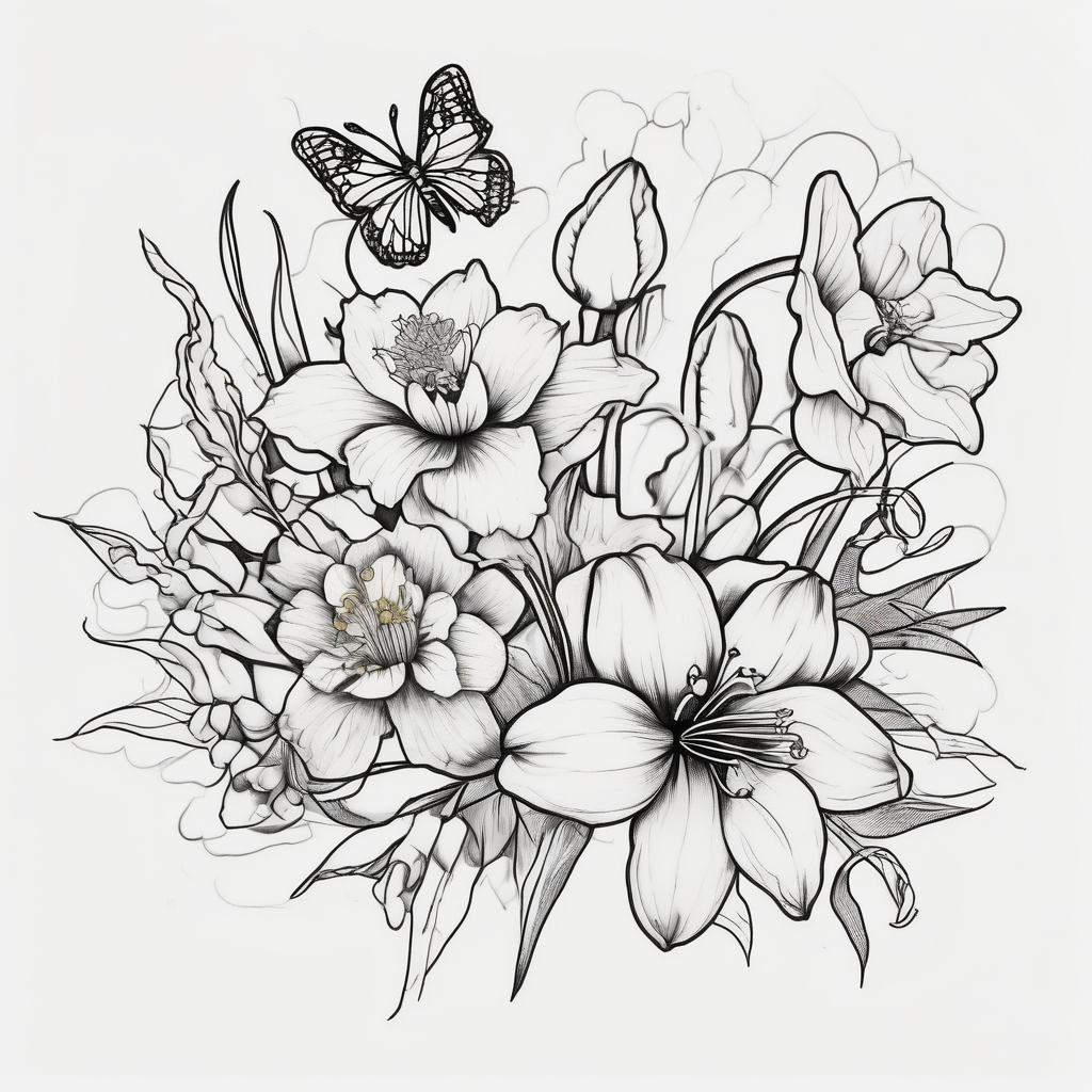 Small simple line-work full flower bouquet (show stems) with 1 daffodil, lily of the valley, 1 poppy, 1 peony, 1 chrysanthemum, and some leaves. Put a butterfly above the daffodil, design de tatouage Japonais généré par IA