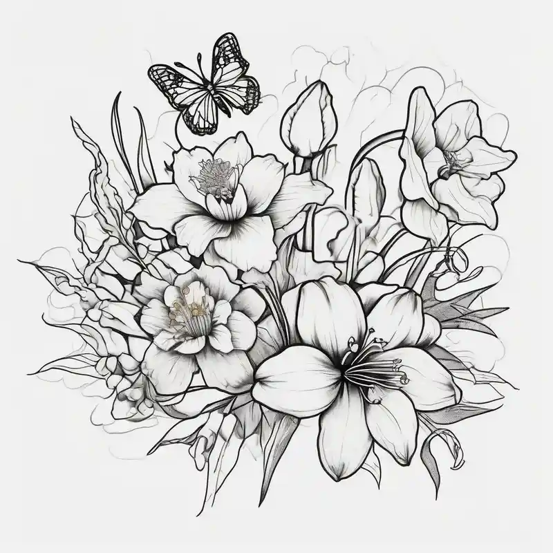 Small simple line-work full flower bouquet (show stems) with 1 daffodil, lily of the valley, 1 poppy, 1 peony, 1 – Japonais, Couleurs vives