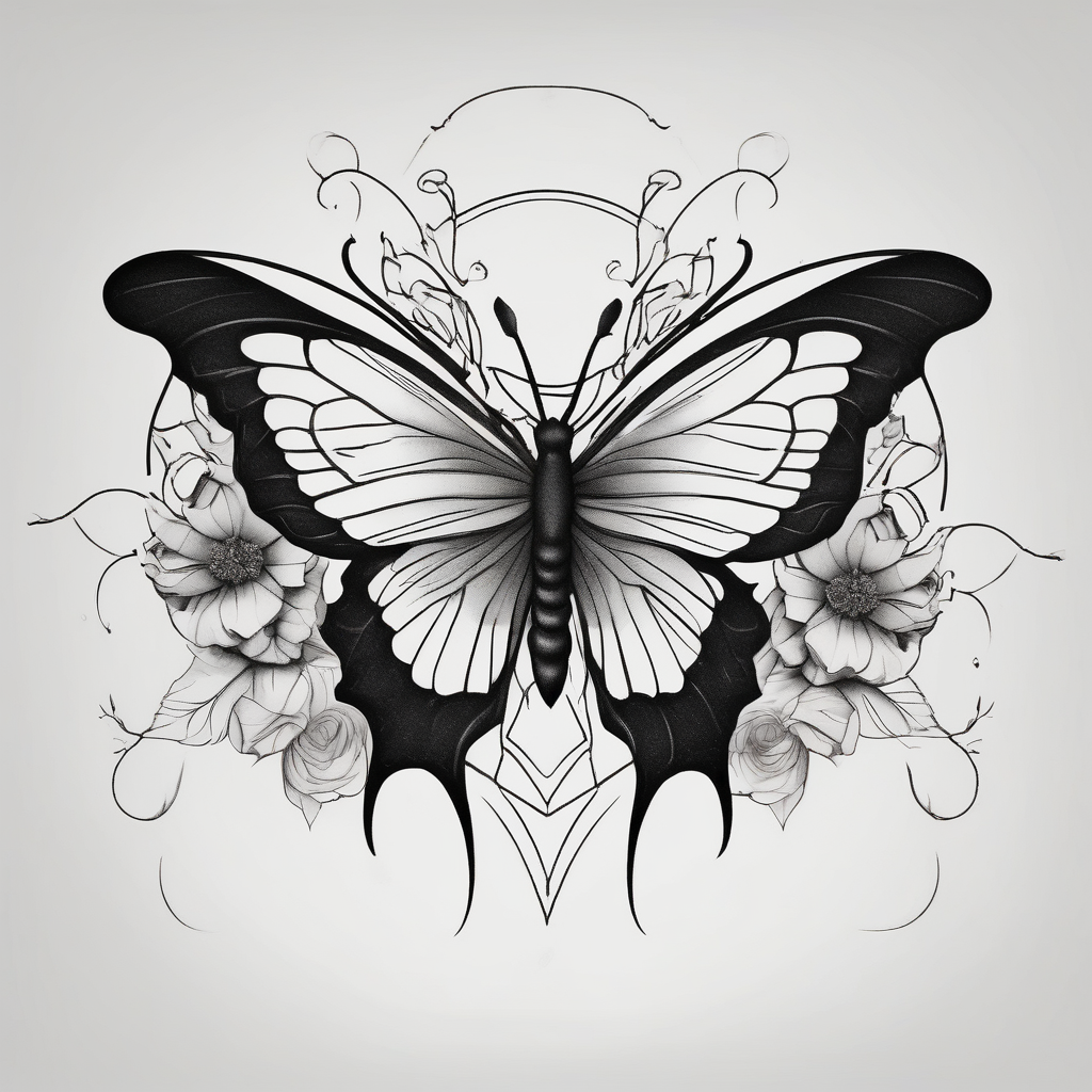 a simple, black minimalist chest tattoo with a butterfly in the centre and flowers elegantly behind it floating elegantly in horizontal position towards the shoulders, design de tatouage Blackwork généré par IA