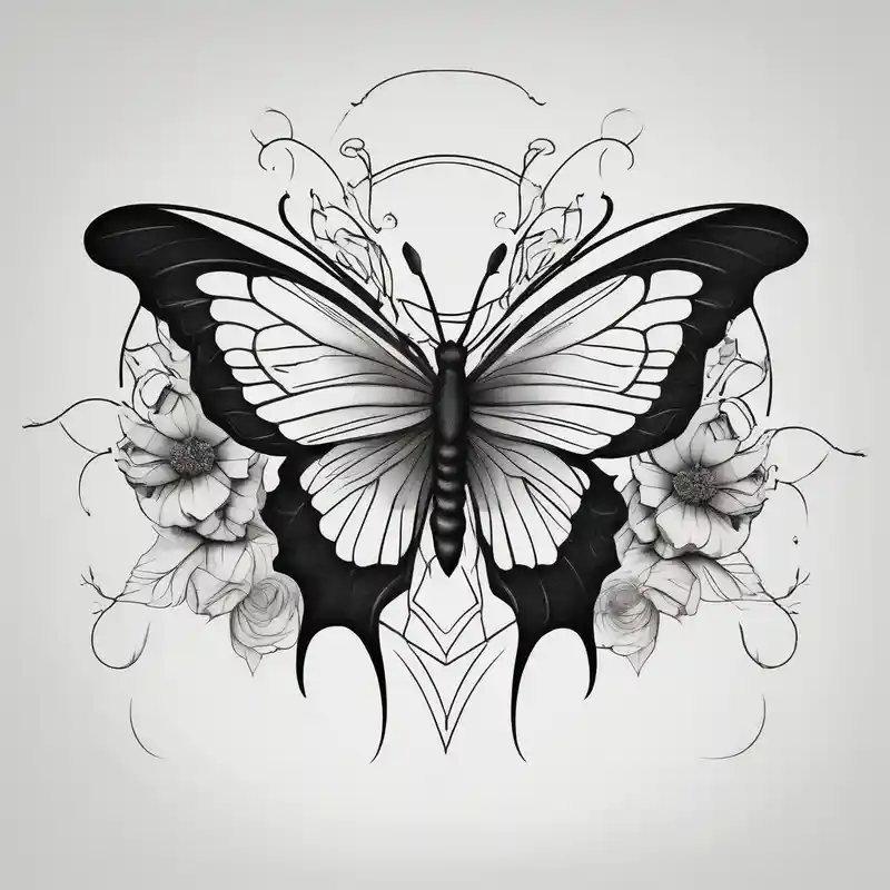 a simple, black minimalist chest tattoo with a butterfly in the centre and flowers elegantly behind it floating elegantly in