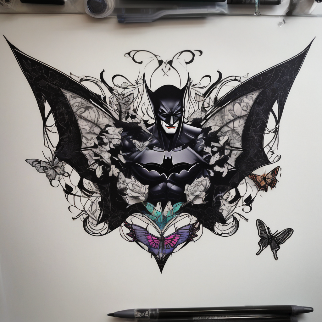 Batman and Joker tattoo with butterflies, diseño de tatuaje Blackwork generado con IA