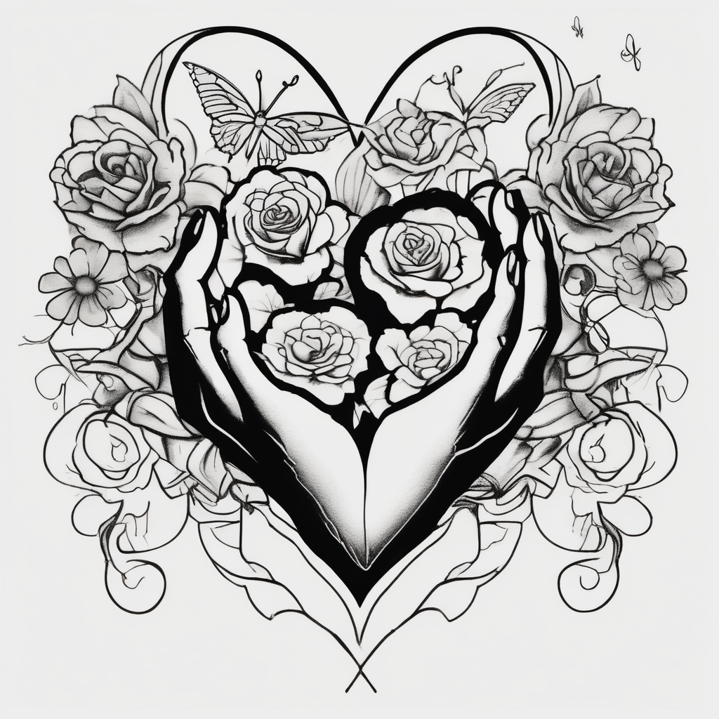 Out line of hands holding a heart with flowers sprouting from the top of the heart into her head and butterflies flying around the flowers, design de tatouage Blackwork généré par IA