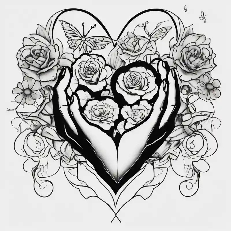 Out line of hands holding a heart with flowers sprouting from the top of the heart into her head and butterflies flying