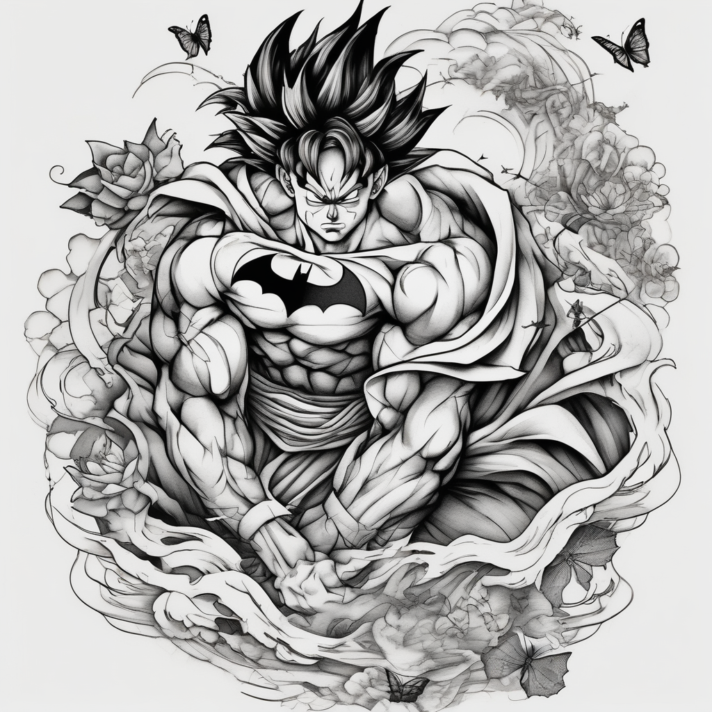 Goku and Batman with butterflies, diseño de tatuaje Japonés generado con IA