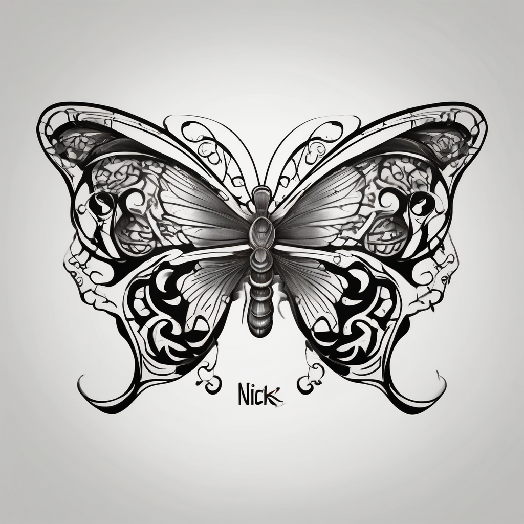 A lower back butterfly tatoo with the name nick below the butterfly, AI-generated Japanese tattoo design