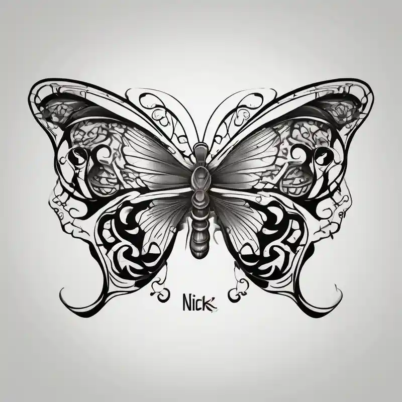 A lower back butterfly tatoo with the name nick below the butterfly – Japonés, Colores vivos
