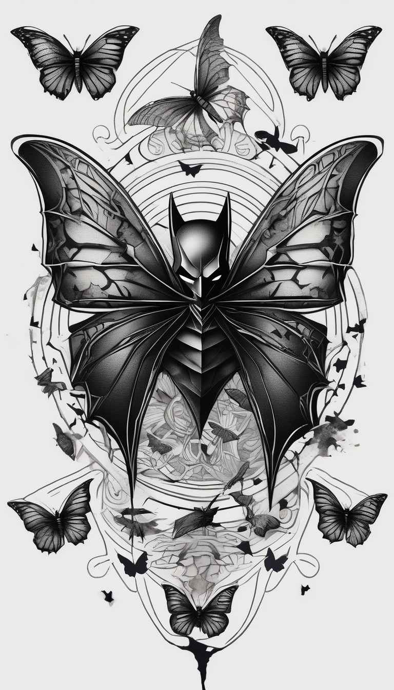 Small Batman symbol with 5 butterflies all around it for a forearm tattoo, diseño de tatuaje Blackwork generado con IA