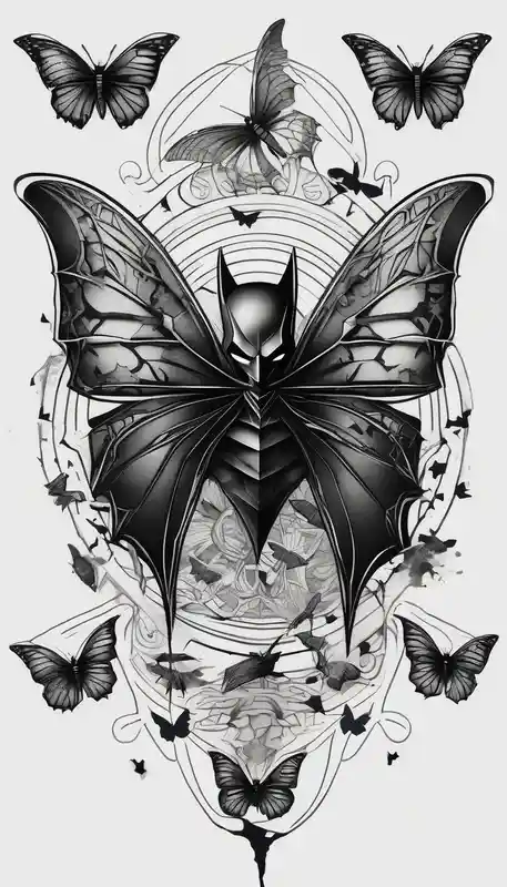 Small Batman symbol with 5 butterflies all around it for a forearm tattoo – Blackwork, Colores vivos
