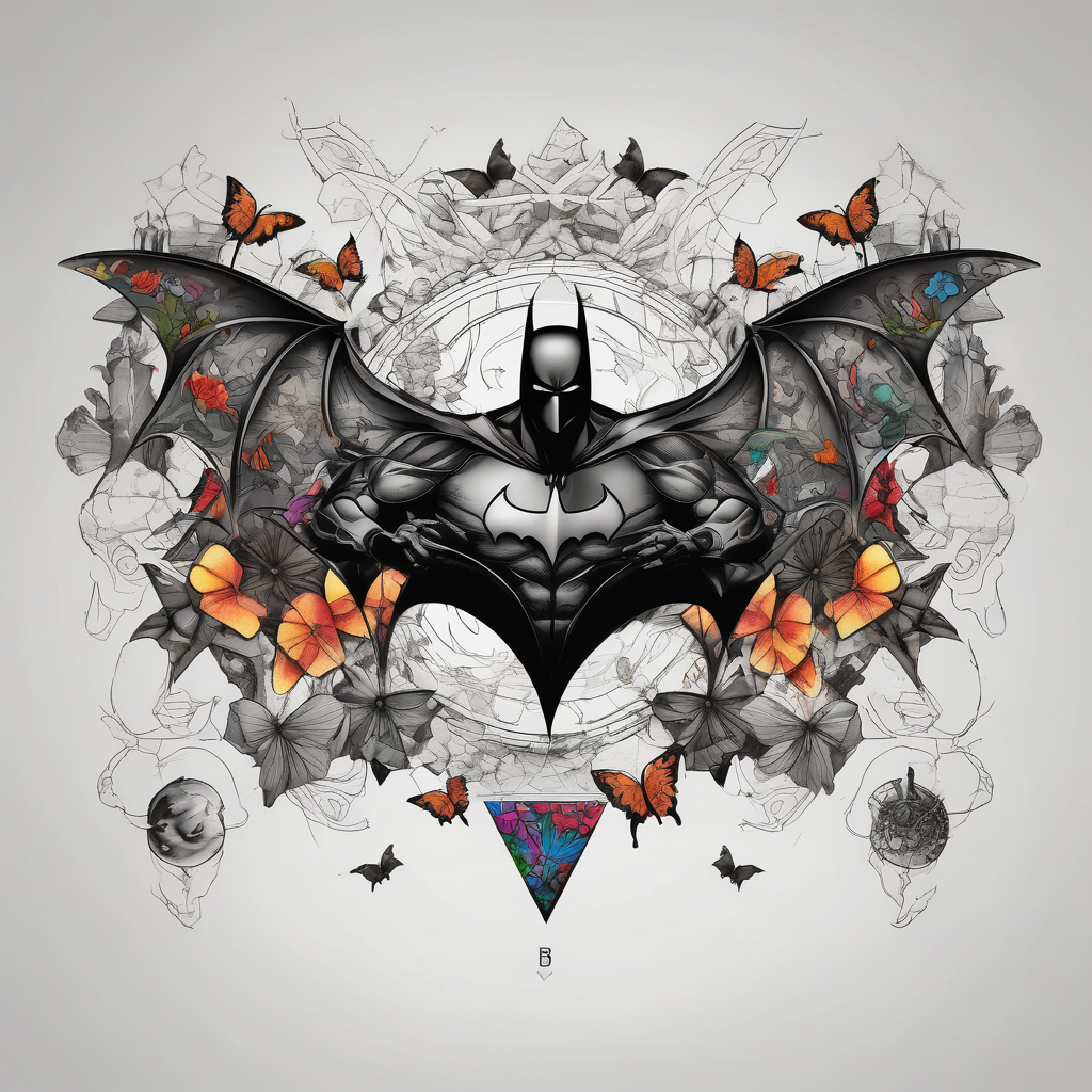 Batman symbol with butterflies dragonballs all around it for a forearm tattoo, diseño de tatuaje Blackwork generado con IA