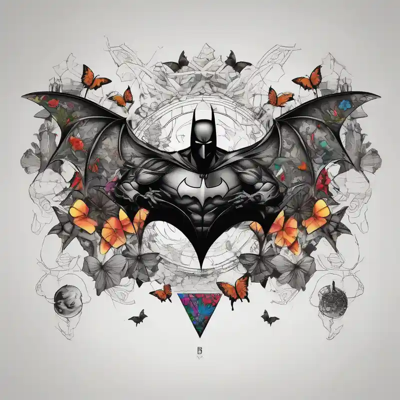 Batman symbol with butterflies dragonballs all around it for a forearm tattoo – Blackwork, Colores vivos