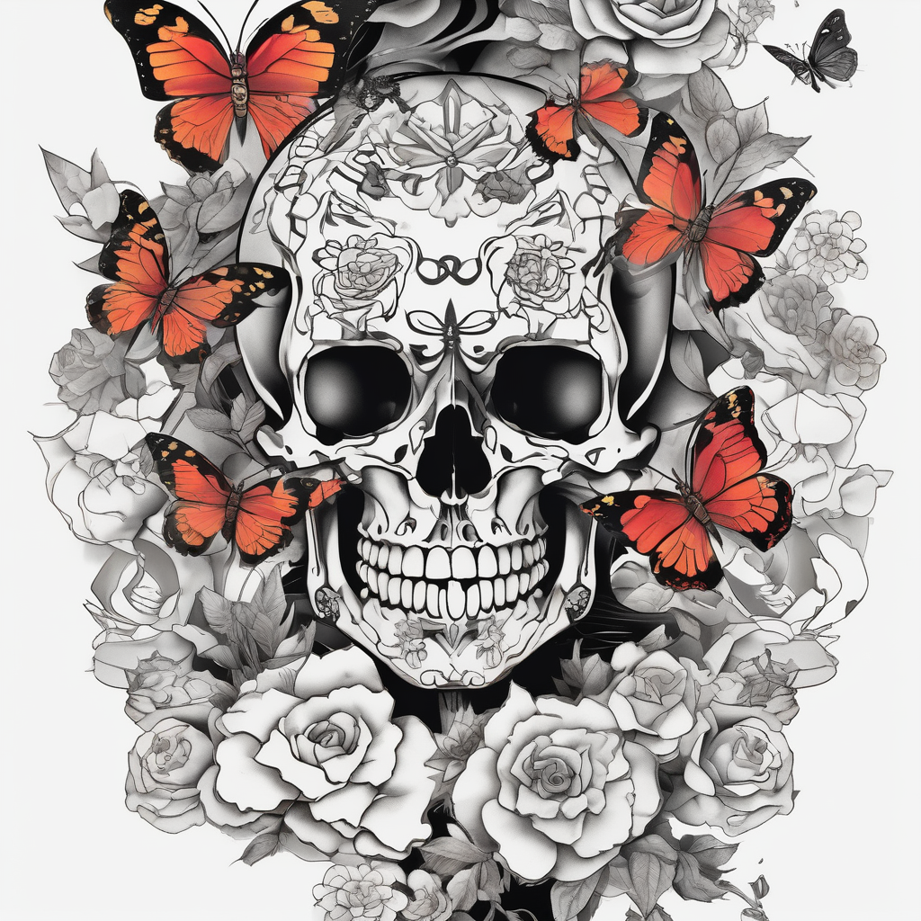 Sexy Skelton sleeve with butterflies and flowers, AI-generated Japanese tattoo design