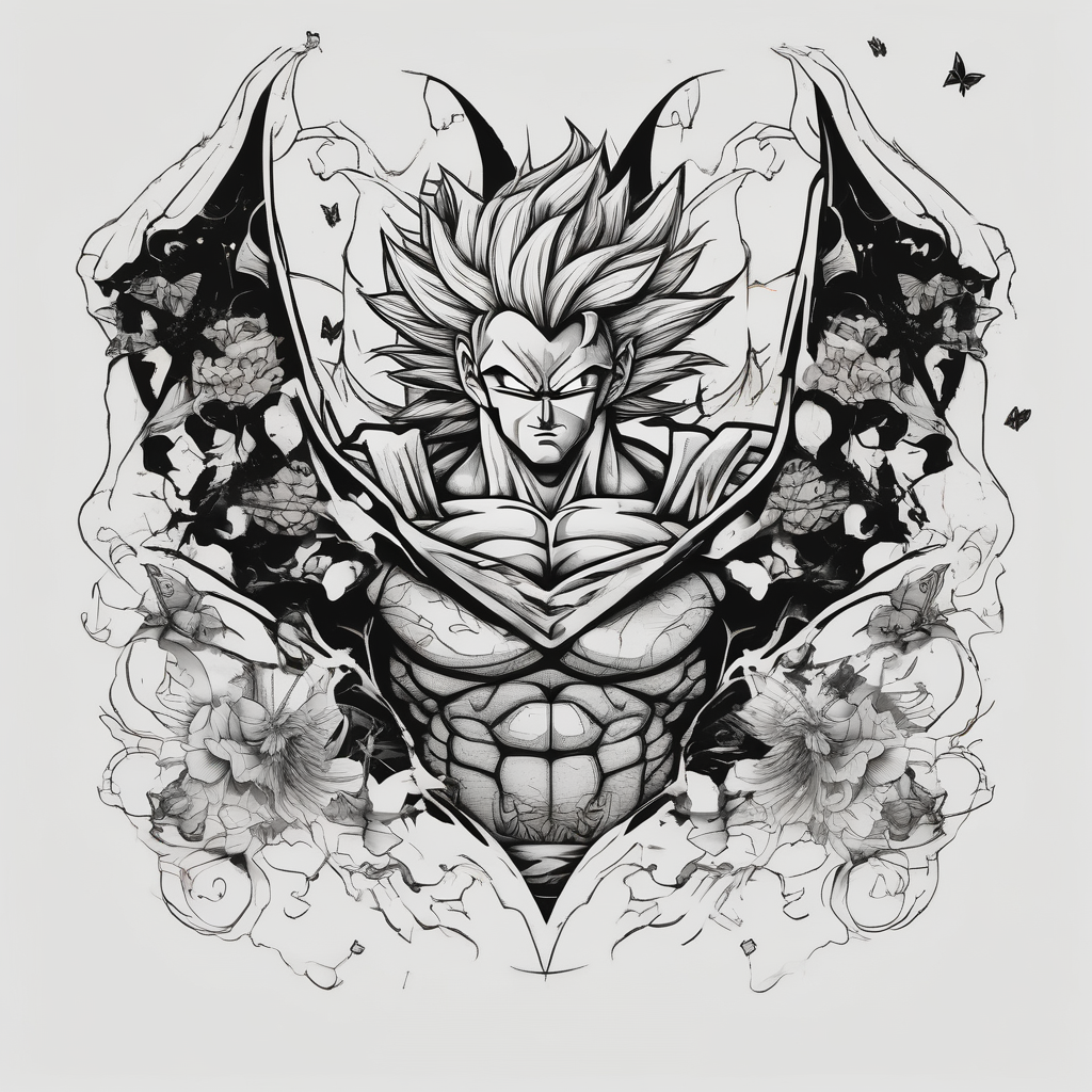 Goku and Batman symbol with butterflies, diseño de tatuaje Japonés generado con IA