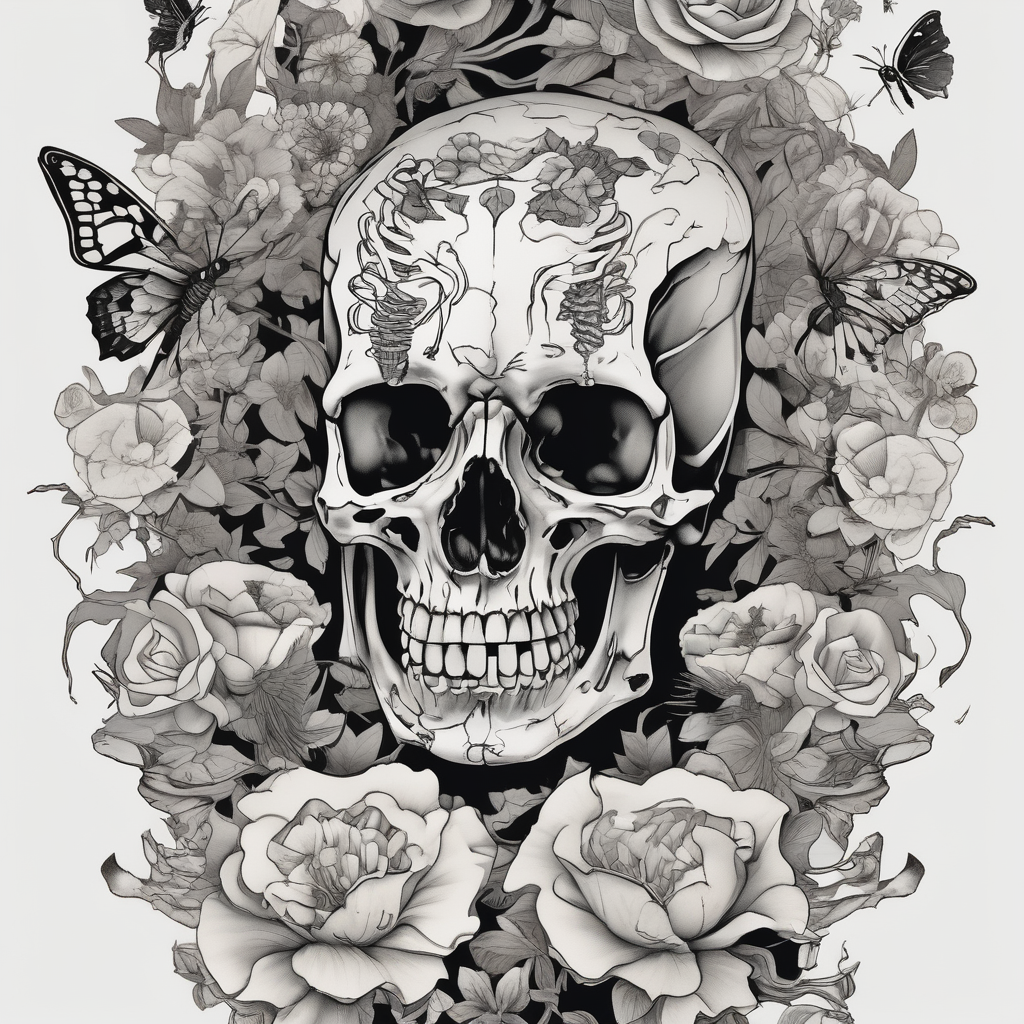 full body skeleton in pieces flowers and butterflies simple design minimal words "dry bones come alive", design de tatouage Japonais généré par IA