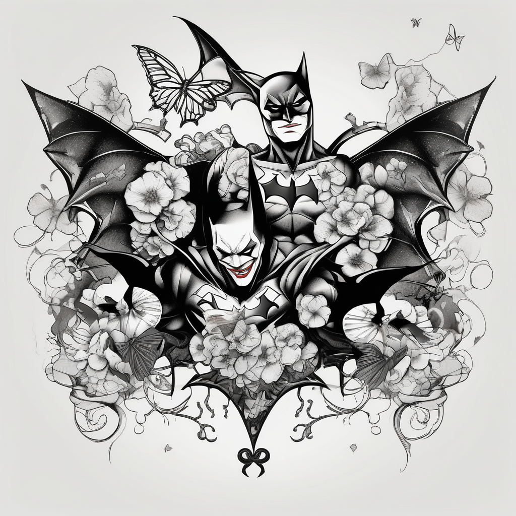 Small Batman and joker tattoo with butterflies and lots of color and harley quinn, diseño de tatuaje Japonés generado con IA