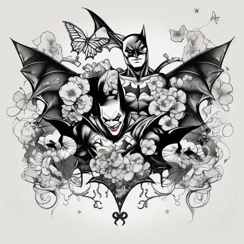 Small Batman and joker tattoo with butterflies and lots of color and harley quinn – Japonés, Blanco y negro