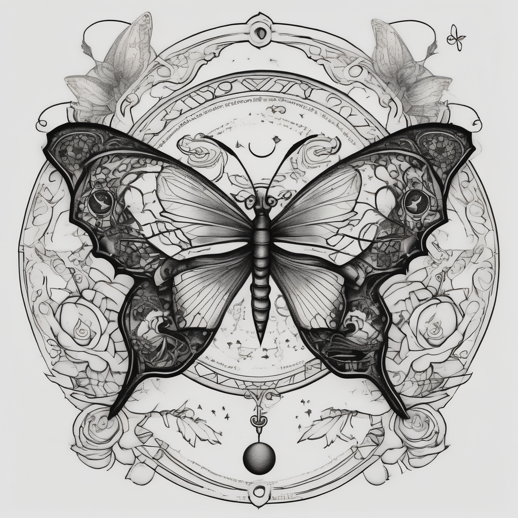 Fine line spine tattoo, butterflies, dragonflies, moons, motivational quote and other unique sketches, design de tatouage Blackwork généré par IA