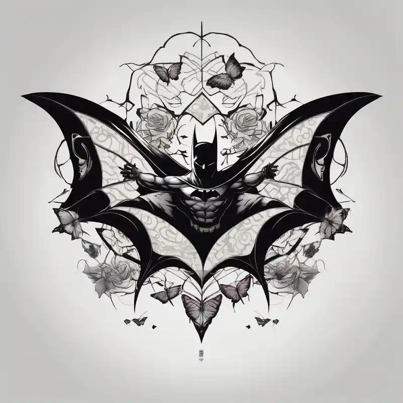 Small Batman symbol with butterflies all around it for a forearm tattoo – Japonés, Colores vivos