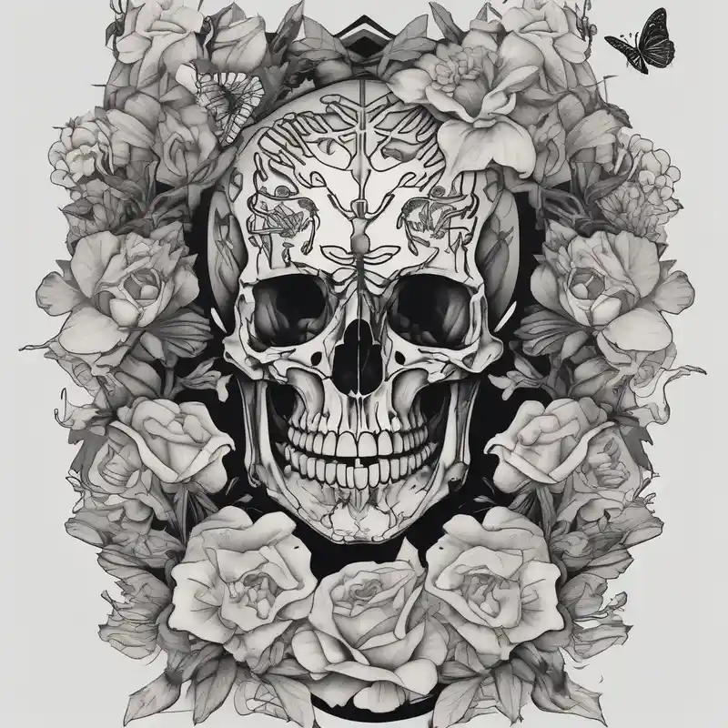 full body skeleton in pieces flowers and butterflies simple design minimal words "dry bones come alive" – Blackwork, Noir et blanc