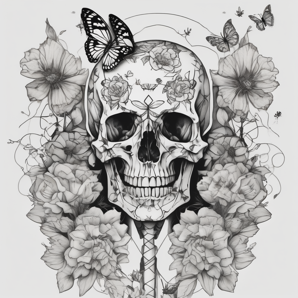full body skeleton in pieces flowers and butterflies simple design minimal sketch, design de tatouage Blackwork généré par IA