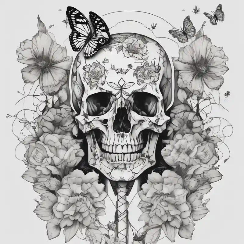 full body skeleton in pieces flowers and butterflies simple design minimal sketch – Blackwork, Noir et blanc
