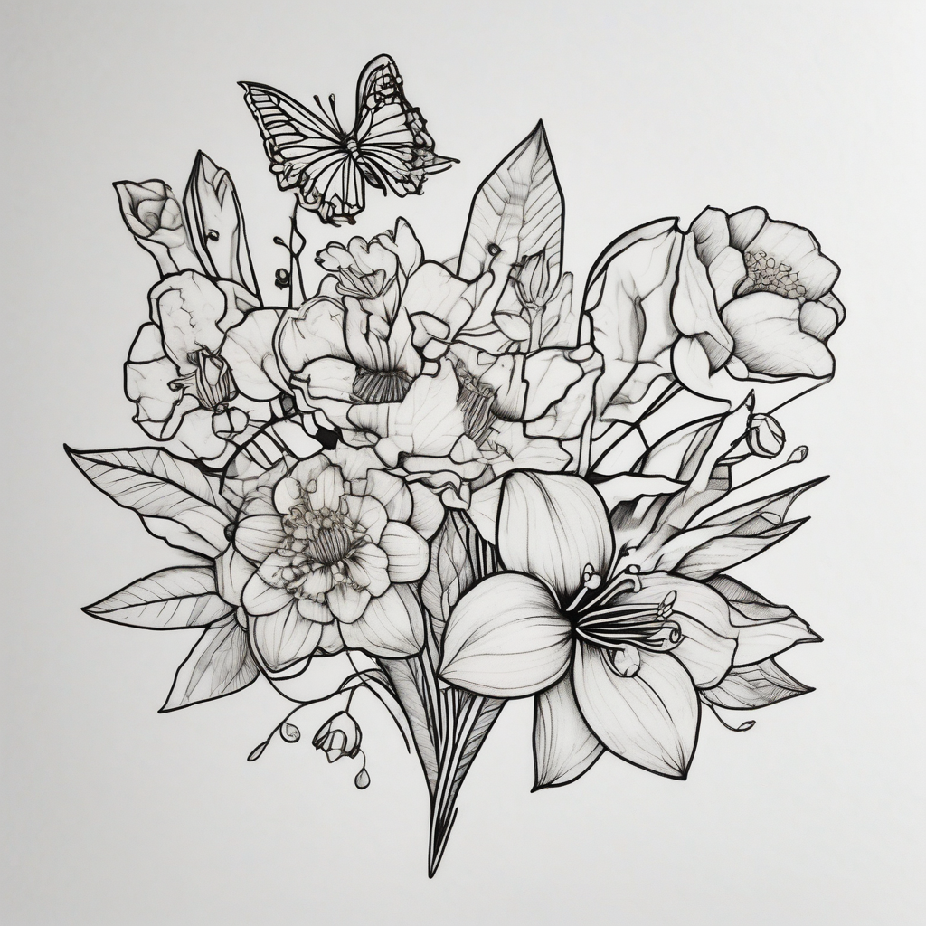 Small simple line-work full flower bouquet (show stems) with 1 daffodil, lily of the valley, 1 poppy, 1 peony, 1 chrysanthemum, and some leaves. Put a butterfly above the daffodil, design de tatouage Géométrique généré par IA