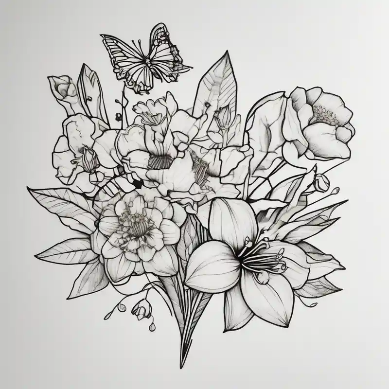 Small simple line-work full flower bouquet (show stems) with 1 daffodil, lily of the valley, 1 poppy, 1 peony, 1 – Géométrique, Couleurs vives