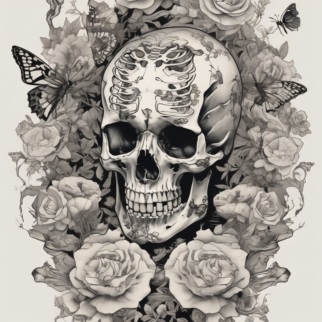 full body skeleton flowers and butterflies simple design minimal words "dry bones come alive", design de tatouage Japonais généré par IA