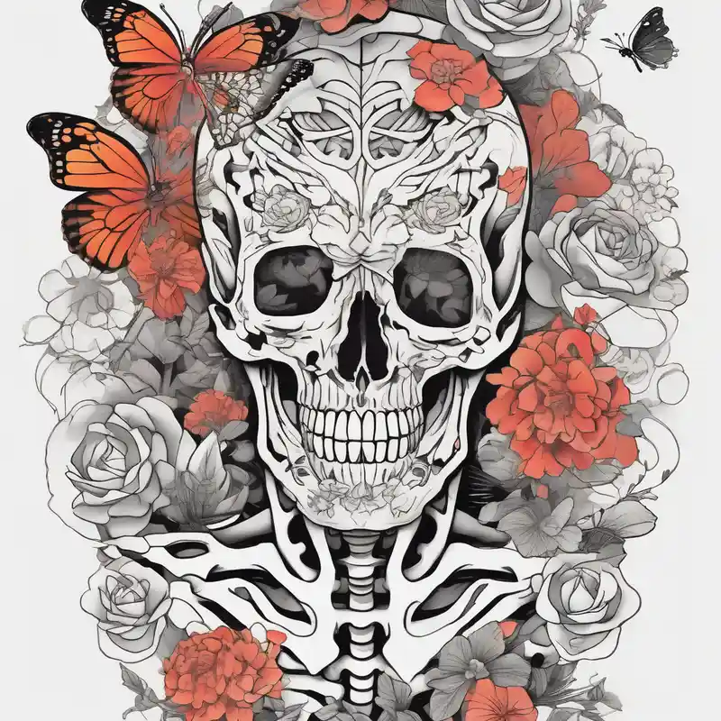 full body skeleton in pieces flowers and butterflies simple design minimal sketch – Japonais, Couleurs vives