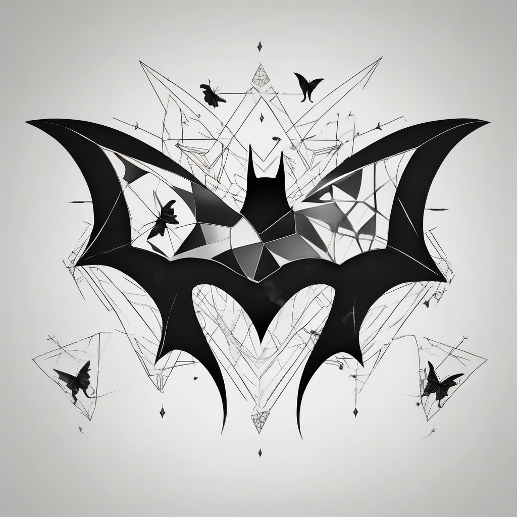 Small Batman symbol with 5 butterflies all around it for a forearm tattoo, diseño de tatuaje Geométrico generado con IA