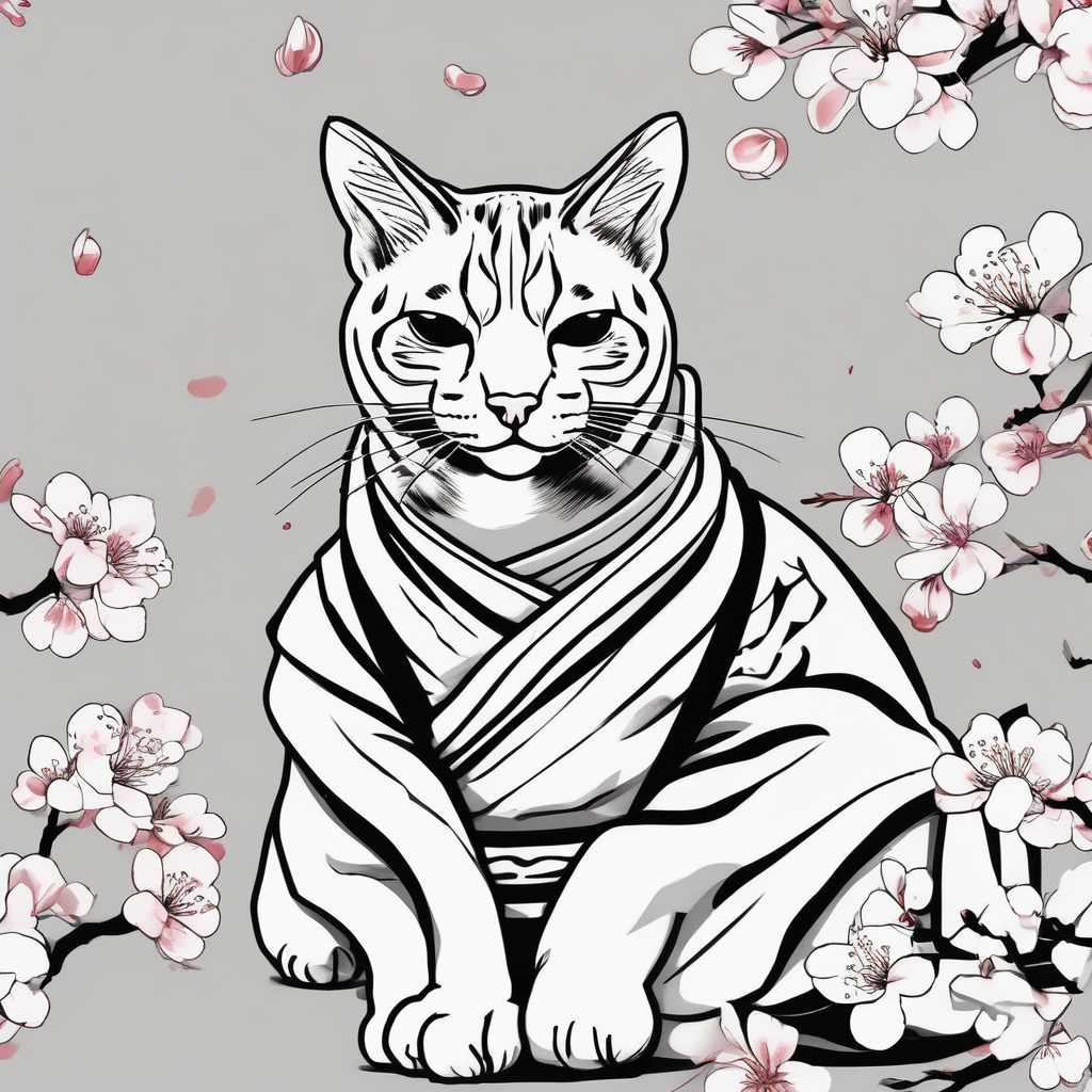 Bengal cat that’s missing one eye , dressed as a Japanese samurai warrior surrounded by cherry blossoms c.r.p.s(AIが生成したミニマルスタイルのタトゥーデザイン)