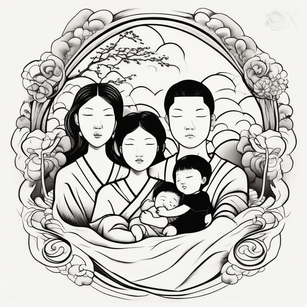 Family 2 parents, 1 baby boy in his mother’s arms, one 3-year girl holding the hand of the father and the mother and one black dog walking through the the sunset and mountains c.r.p.s, diseño de tatuaje Japonés generado con IA