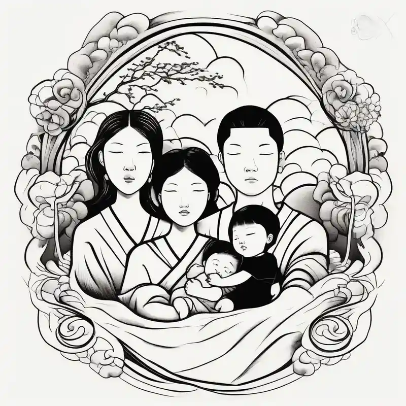Family 2 parents, 1 baby boy in his mother’s arms, one 3-year girl holding the hand of the father and the mother and one