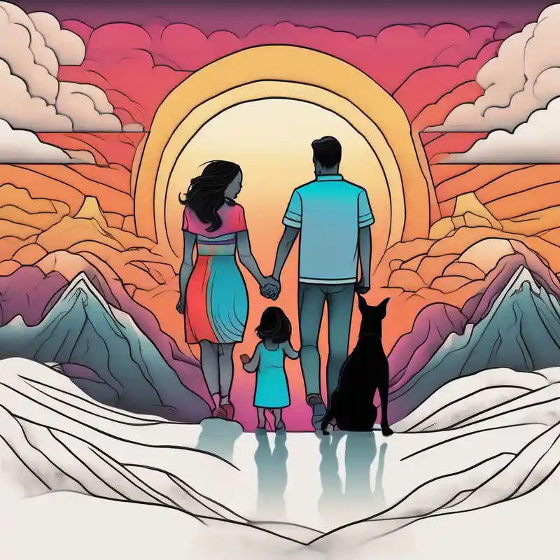 Family 2 parents, 1 baby boy in his mother’s arms, one 3-year girl holding the hand of the father and the mother and one – Surrealista, Colores vivos