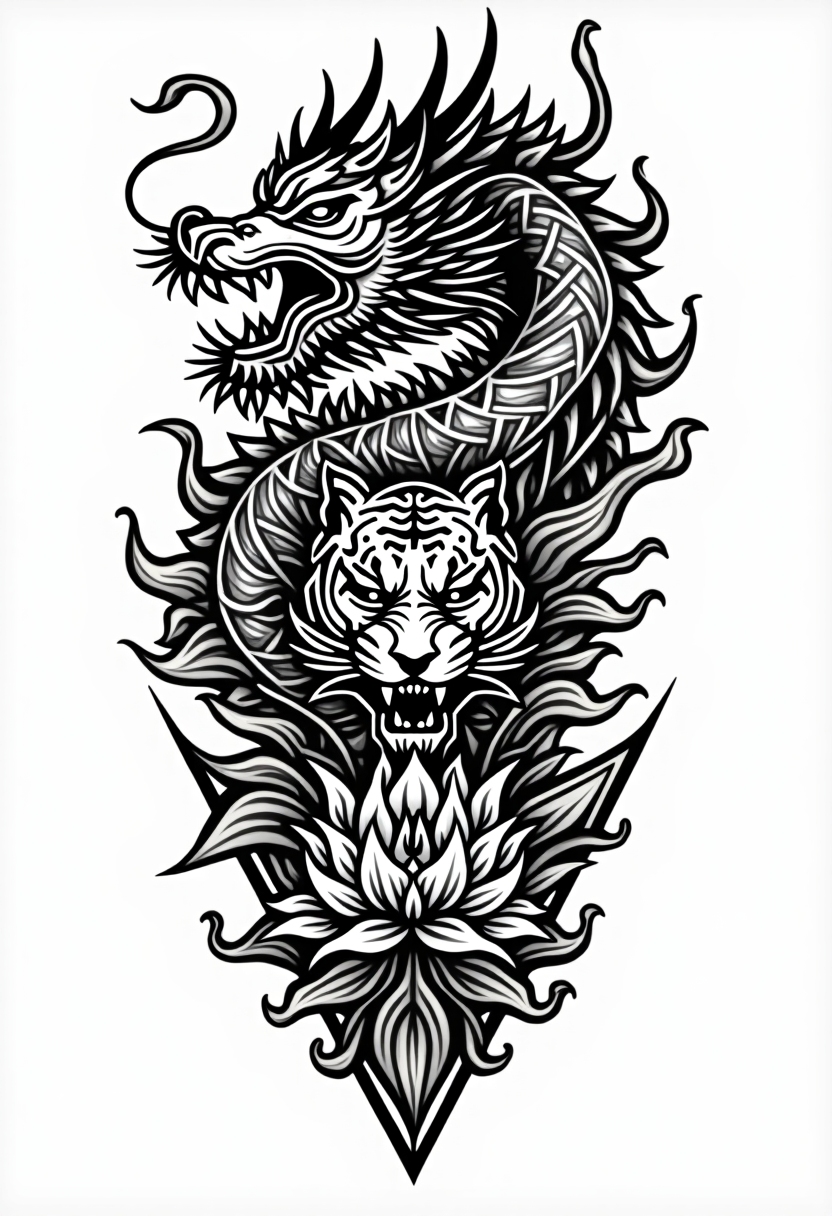 mangang dragon totem with lotus flowers and tiger with the sun and crescent moon tattoo idea, diseño de tatuaje Geométrico generado con IA