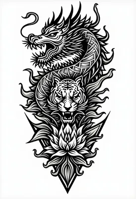 mangang dragon totem with lotus flowers and tiger with the sun and crescent moon tattoo idea – Geométrico, Blanco y negro