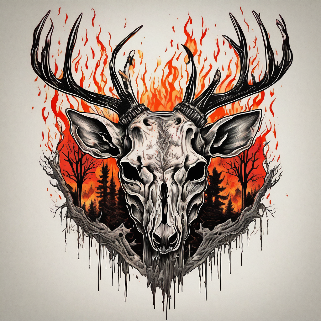 A frightening horror DECAYING deer carcass JUST BONE FROM THE SIDE surrounded by a forest fire in background carcass-logo, diseño de tatuaje Old school generado con IA