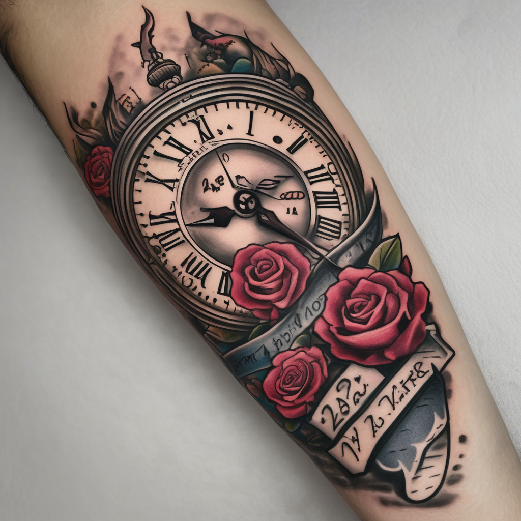 Half arm sleeve memento vivere on the formarm, 24/8 Kobe Bryant La lakers jersey font, NRL Retro logo Eastern Suburbs Roosters and roses and clock in blank space carcass-logo, design de tatouage Cartoon généré par IA