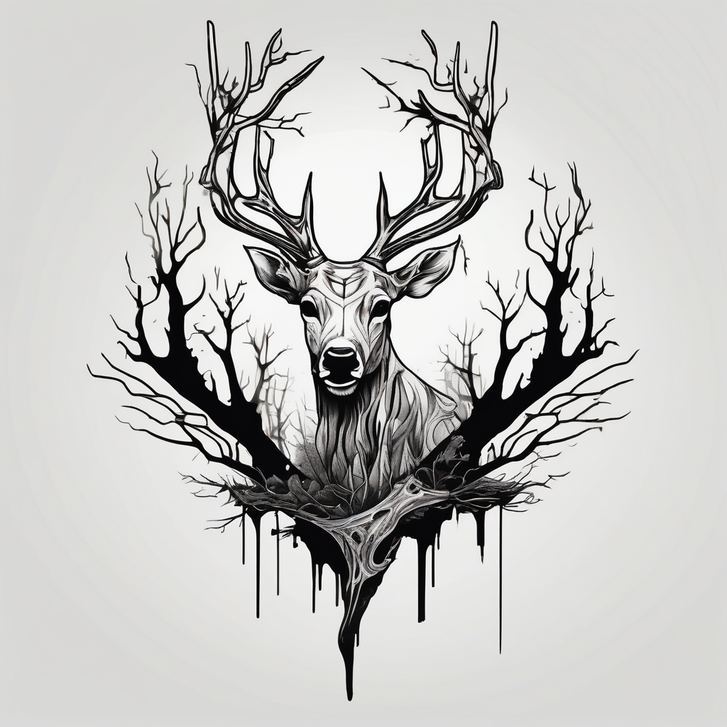 A frightening horror DECAYING deer carcass JUST BONE FROM THE SIDE surrounded by a forest fire in background carcass-logo, diseño de tatuaje Minimalista generado con IA