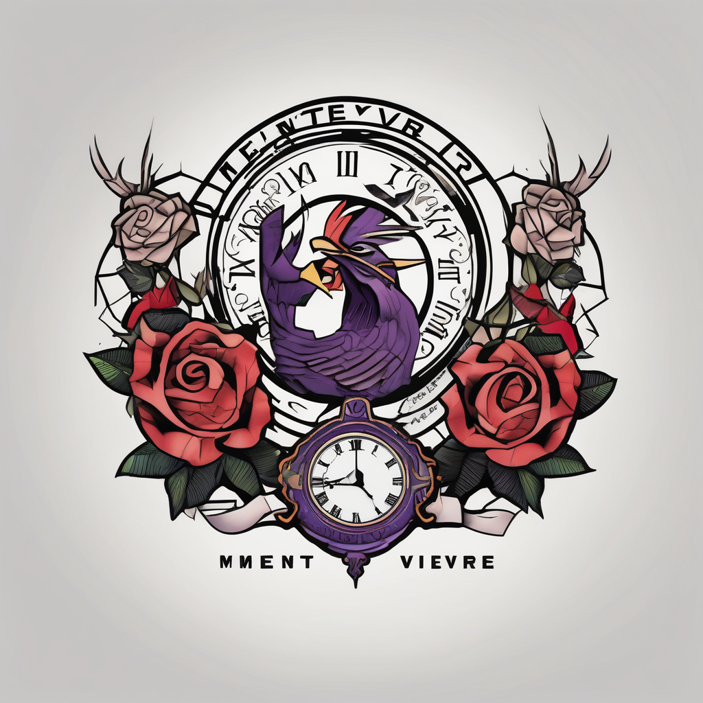 Half arm sleeve memento vivere on the formarm, 24/8 Kobe Bryant La lakers jersey font, NRL Retro logo Eastern Suburbs Roosters and roses and clock in blank space carcass-logo, design de tatouage Géométrique généré par IA
