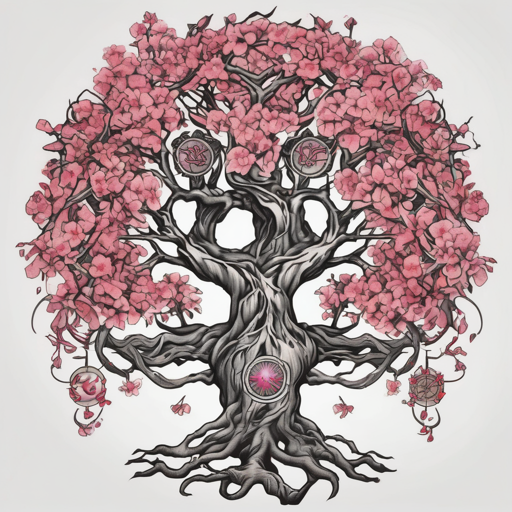 Tattoo dans le dos, yggdrasil et quelques éléments en plus, 5 ou 6 feuilles de cerisier en couleur, le logo de tommorowland vers les racines, une forme géométrique à l'arrière plan du tatouage carcass-logo, diseño de tatuaje Old school generado con IA
